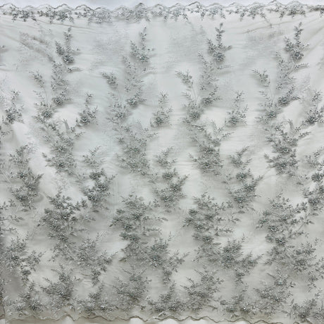 Beaded Floral Lace Fabric Embroidered On 100 Percent Polyester Net Mesh - Gold, Silver, Dark Sage, Floral Beaded Embroidery, 51" Wide (1 Yard)