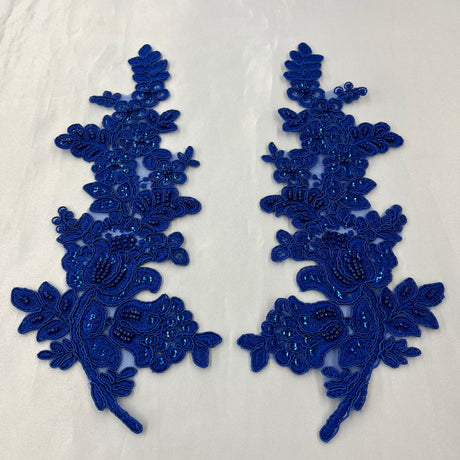 Beaded Corded Floral Lace Applique 100 Percent Polyester Fabric - Embroidered Net Mesh, 12" X 3.5" Each Side (1 Pair)