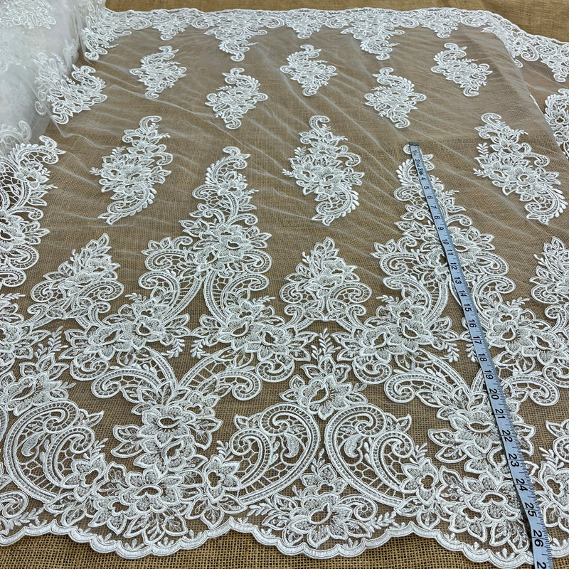 1 Yard Exquisite Beaded & Corded Bridal Lace Fabric Embroidered on Polyester Net Mesh Elegant Couture Quality 54" Wide