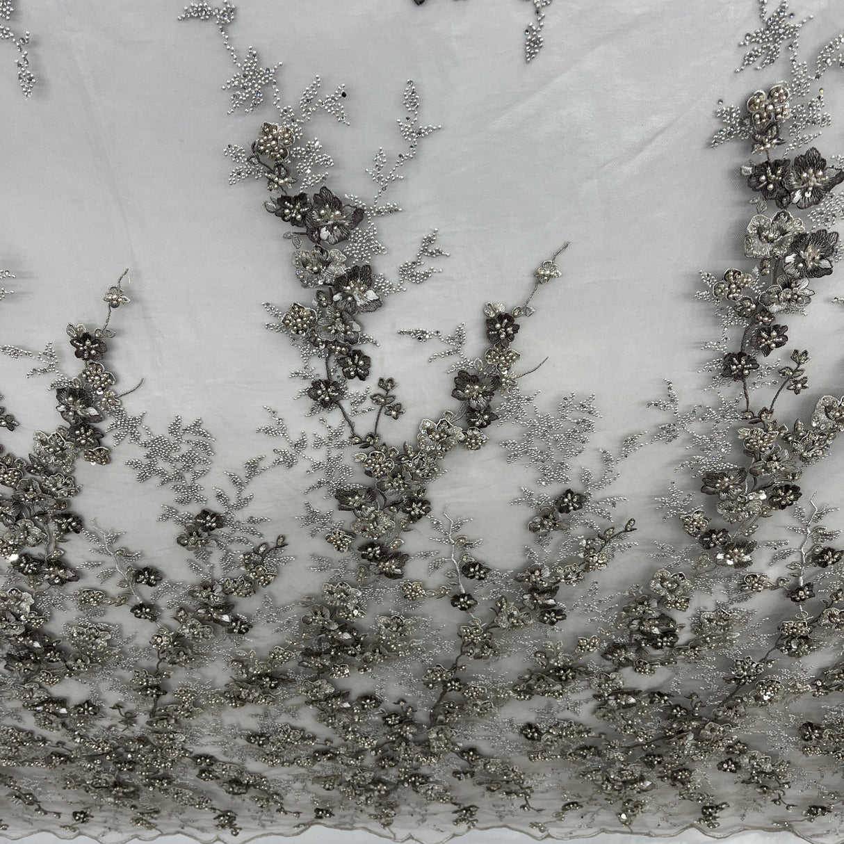 Beaded 3D Floral Multitone Lace Fabric - Sage, 56" Width (1 Yard)