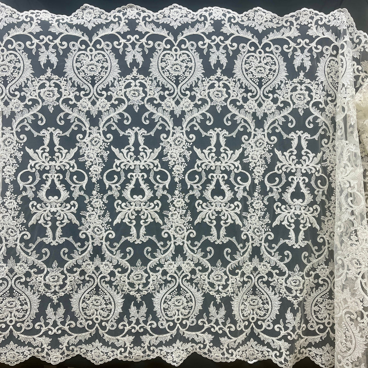 1 Yard Elegant Beaded & Corded Bridal Lace Fabric on Soft Polyester Mesh, GD-55719