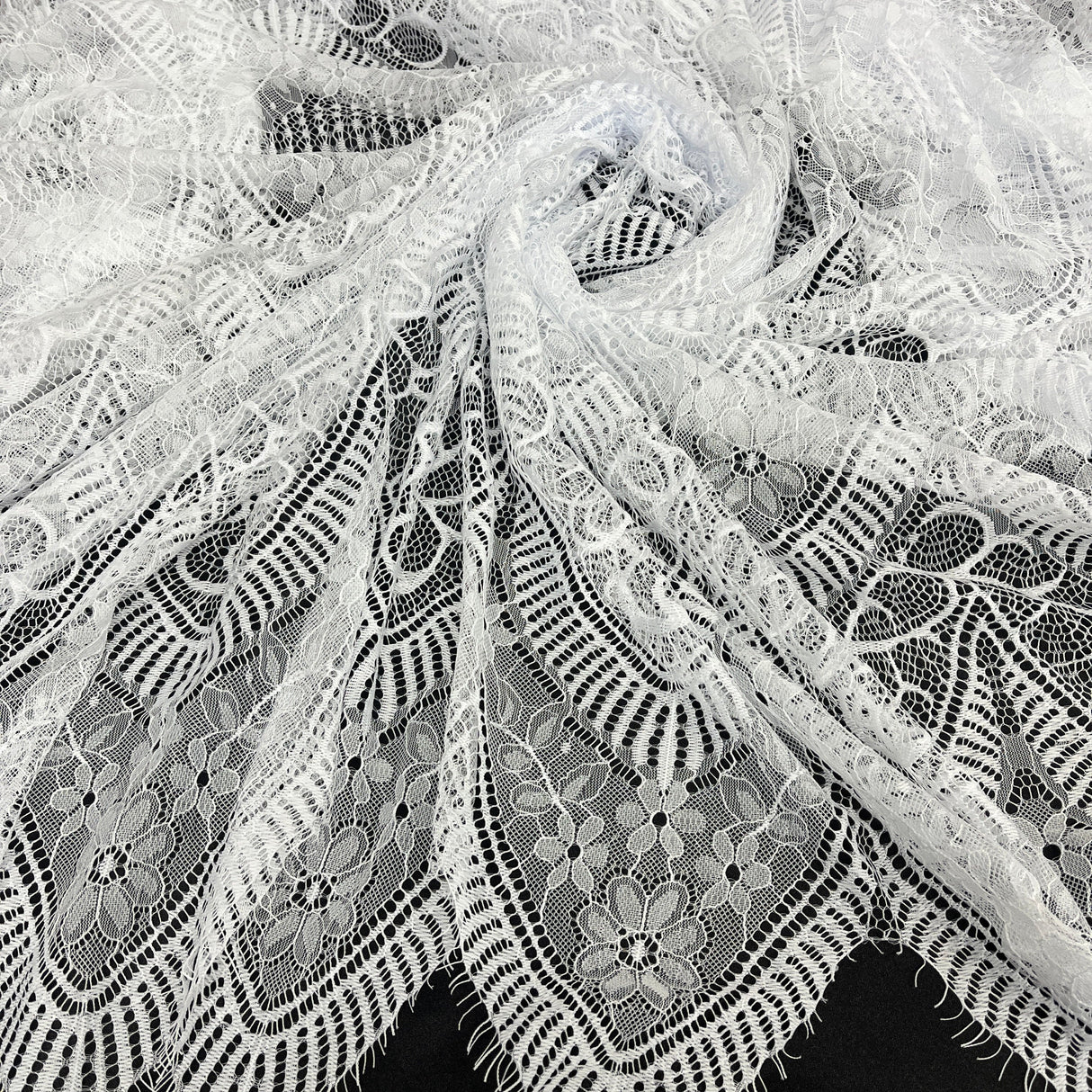 Embroidered Chantilly Lace Fabric with Eyelash Scallop
