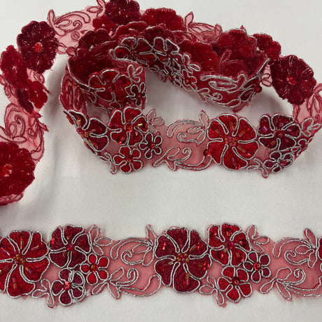Beaded And Corded Floral Lace Trim Polyester Fabric - Embroidered On Organza, 1.5" Width, 10 Colors (1 Yard)