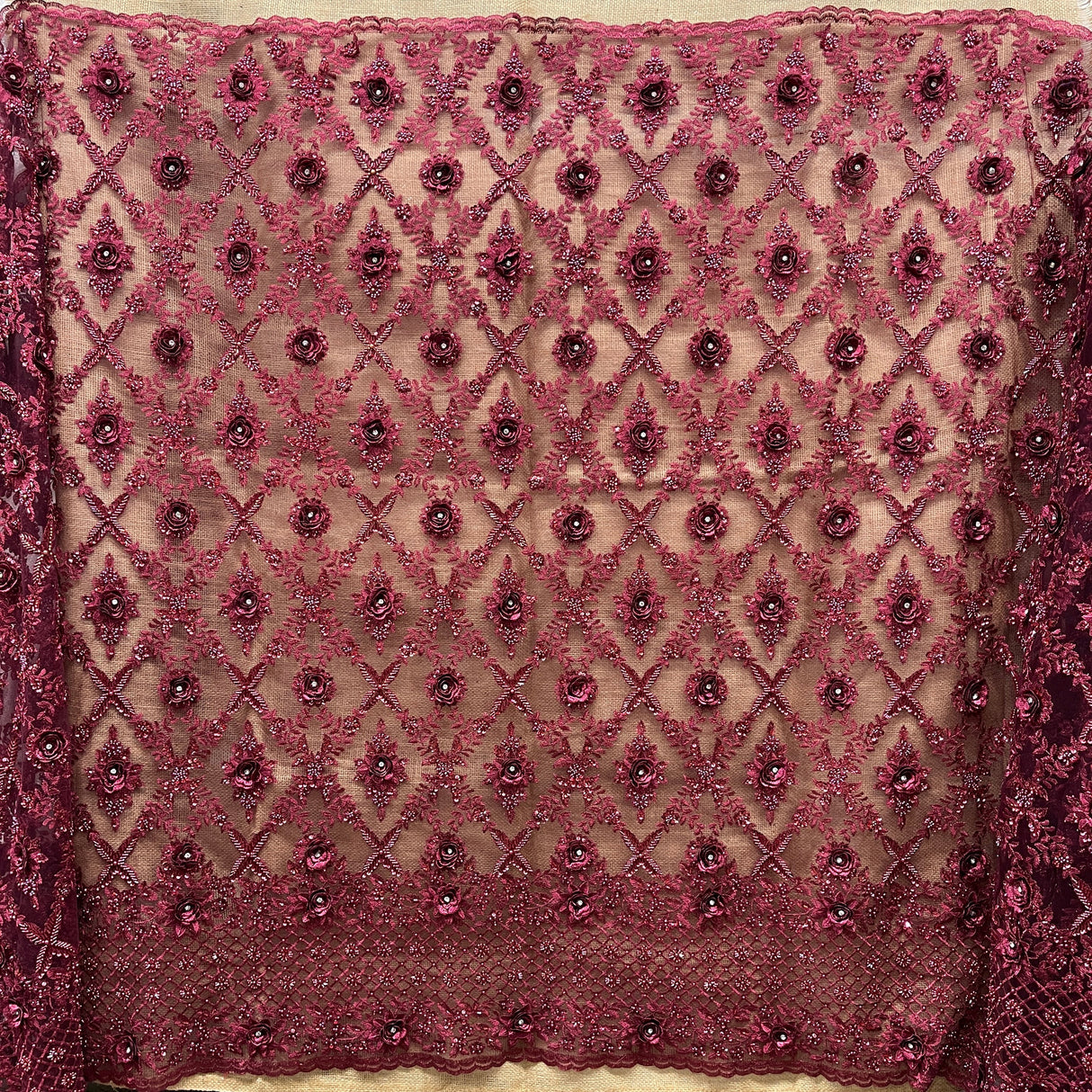 Beaded 3D Floral Lace Fabric
