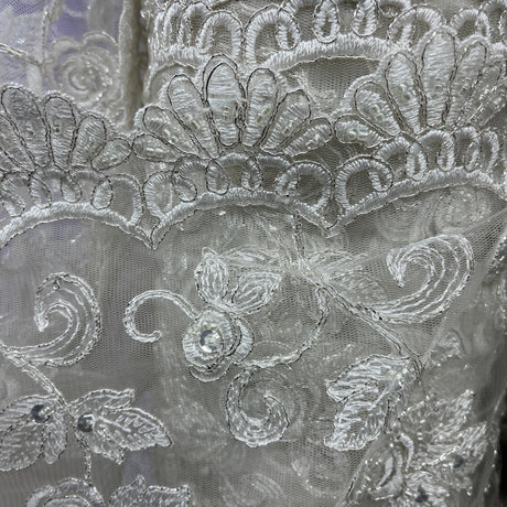 Beaded Corded Floral Bridal Lace Fabric - Ivory With Silver, Double Scalloped Borders, 52" Width (1 Yard)