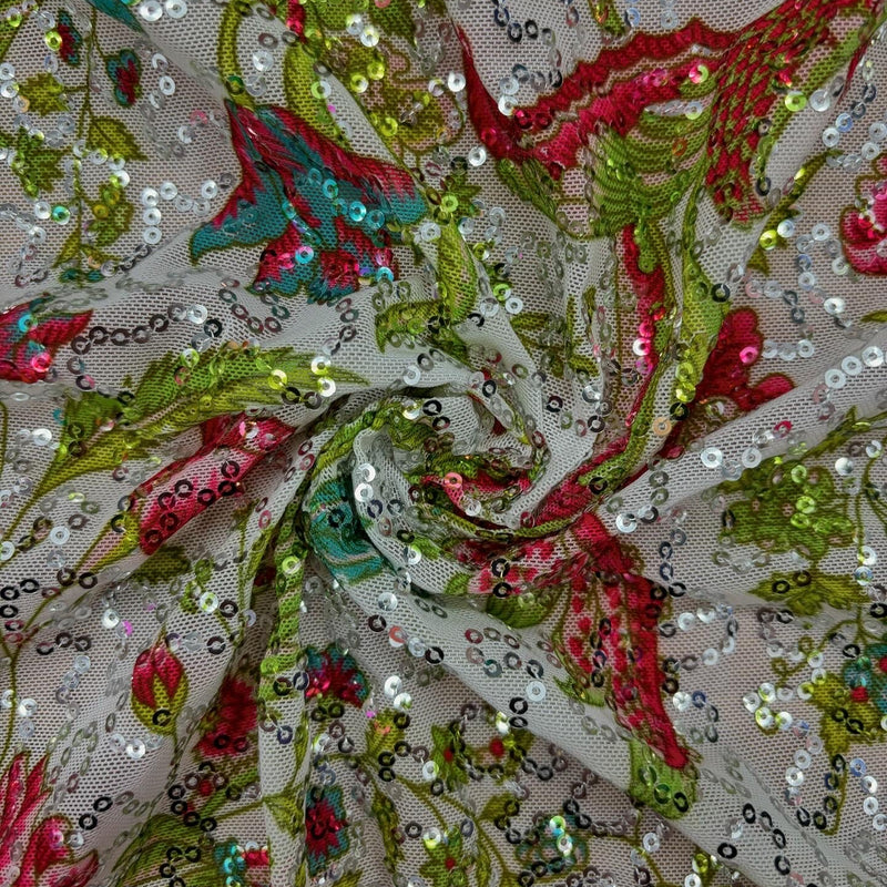 Floral Vine Sparkle Mesh Fabric - Floral Vine, Stretch Sequin Mesh, 4-Way Stretch (1 Yard)