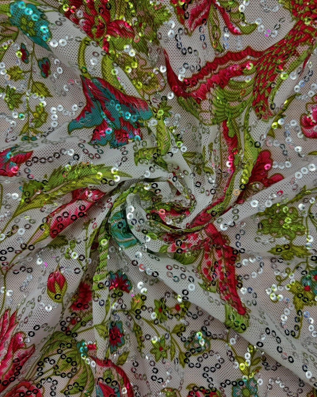 Floral Vine Sparkle Mesh Fabric - Floral Vine, Stretch Sequin Mesh, 4-Way Stretch (1 Yard)