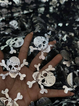 Metallic Skulls Mesh Fabric Black Silver