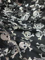 Metallic Skulls Mesh Fabric Black Silver