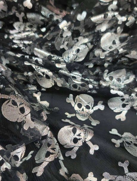 Metallic Skulls Mesh Fabric Black Silver