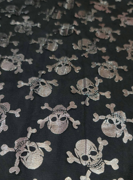Metallic Skulls Mesh Fabric Black Silver