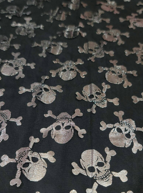 Metallic Skulls Mesh Fabric Black Silver