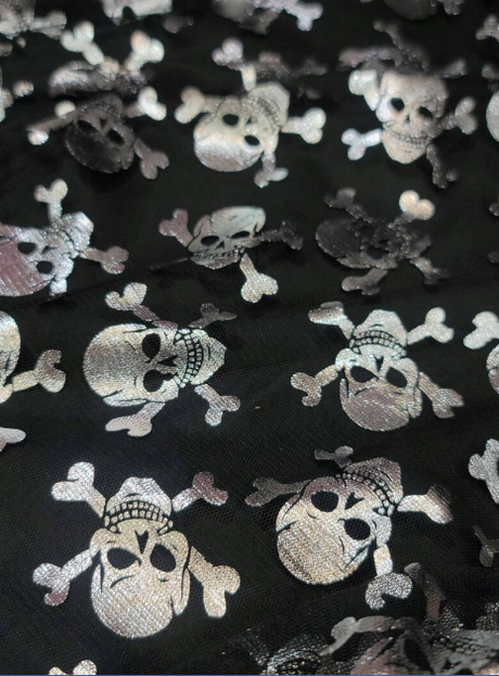 Metallic Skulls Mesh Fabric Black Silver