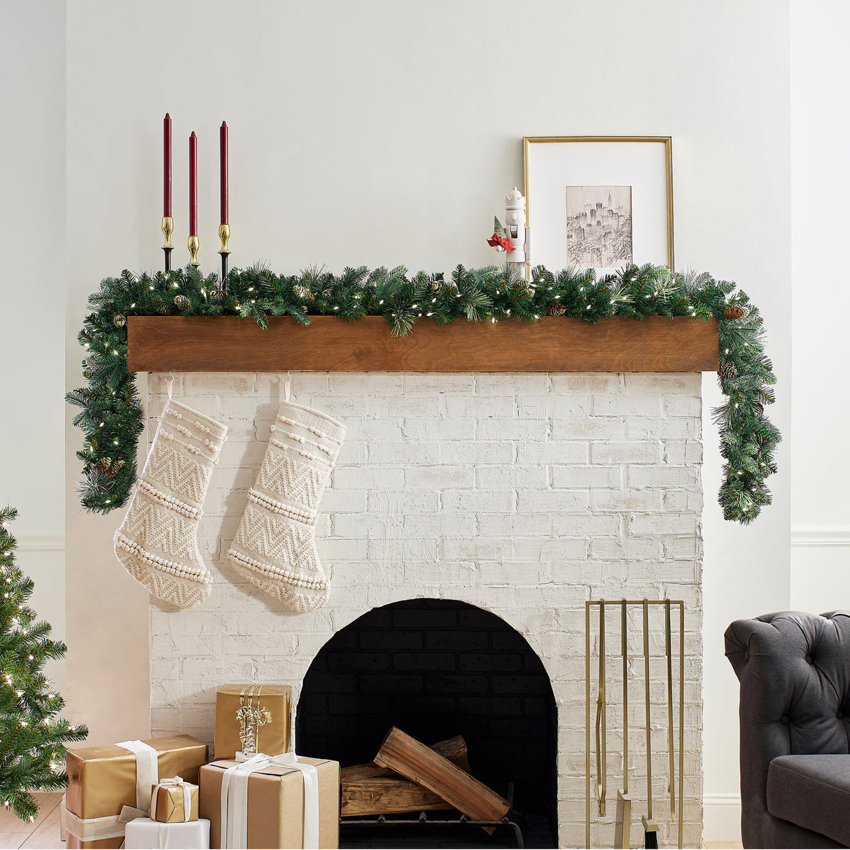 9FT Pre-Lit Carolina Pine Garland with Warm White LED Lights