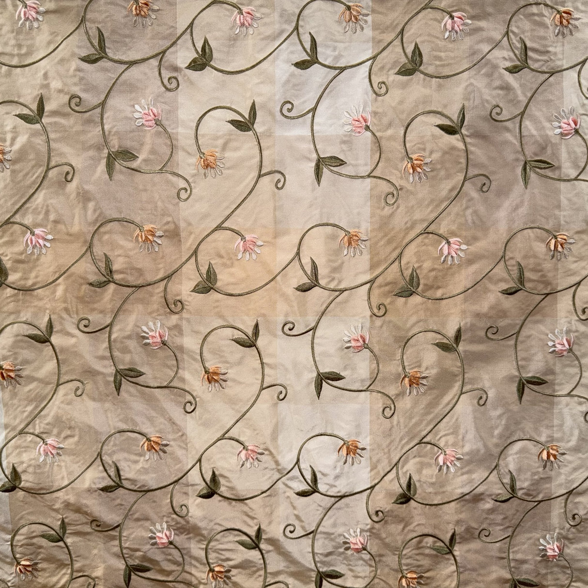 Caroline Embroidered Floral Silk Fabric - Apricot, Blueberry, Melon, Wheat, 54" Width (1 Yard)