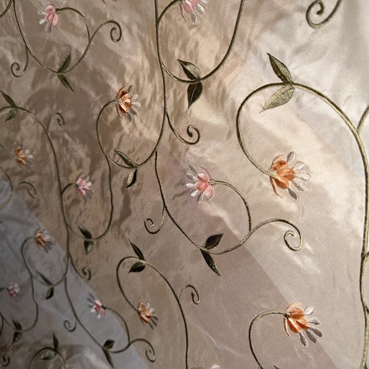 Caroline Embroidered Floral Silk Fabric - Apricot, Blueberry, Melon, Wheat, 54" Width (1 Yard)