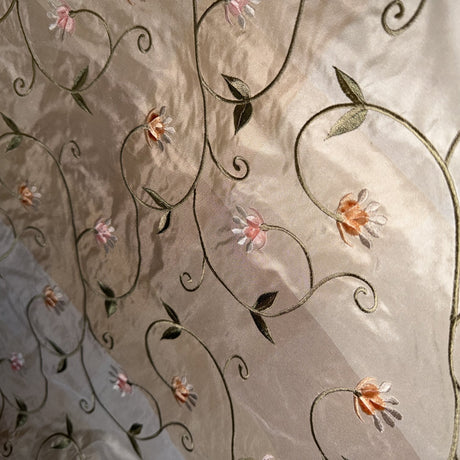 Caroline Embroidered Floral Silk Fabric - Apricot, Blueberry, Melon, Wheat, 54" Width (1 Yard)