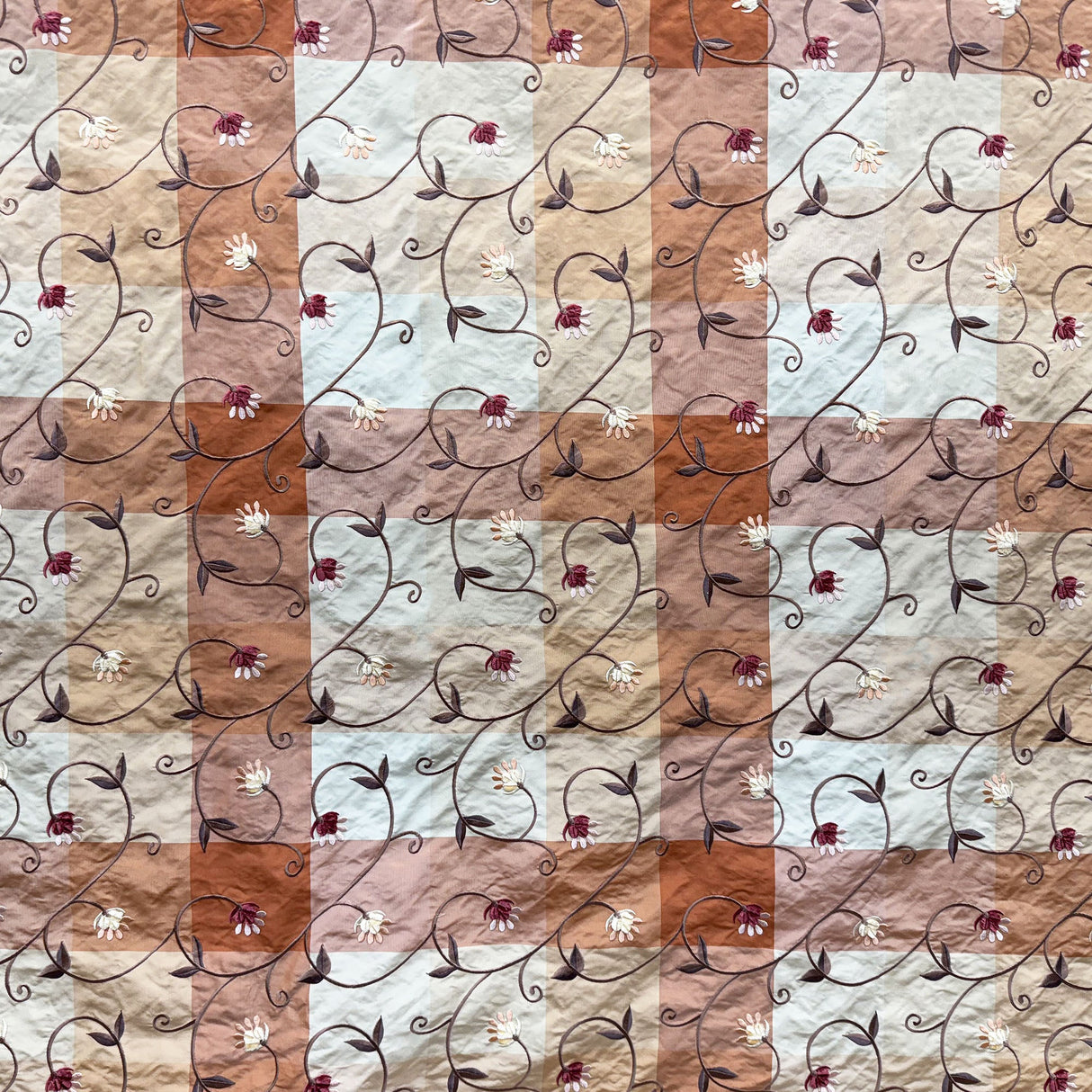 Caroline Embroidered Floral Silk Fabric - Apricot, Blueberry, Melon, Wheat, 54" Width (1 Yard)