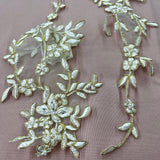 1 Pair Beaded & Corded Floral Lace Applique 100% Polyester Organza 17" x 4.5"