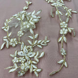 Beaded Corded Floral Lace Applique 100 Percent Polyester Organza Fabric - Ivory With Gold, Floral Embroidered, 16" X 5" (1 Pair)