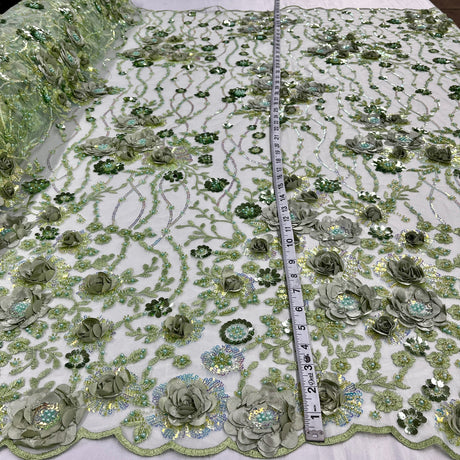 1 Yard Dazzling Yellow Beaded Sequined 3D Floral Lace Fabric on Net Mesh 52 inch Width