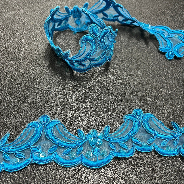 Beaded Corded Lace Trim on Polyester Organza