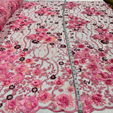 1 Yard Sparkling Beaded and Sequined 3D Floral Lace Fabric Embroidered on 100% Polyester Net Mesh White