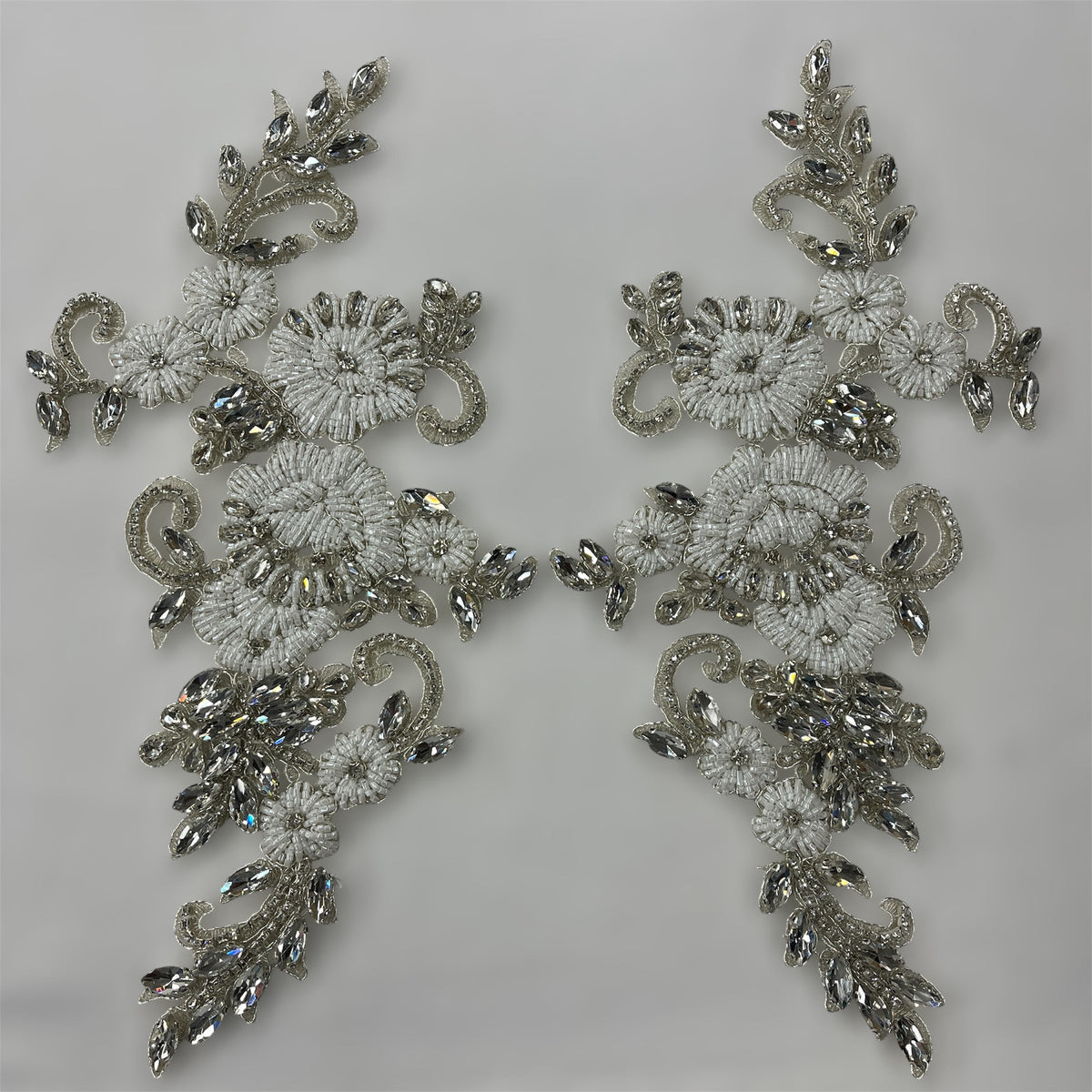 1 Yard Crystal Rhinestone Applique Embroidered on 100% Polyester, Approximately 12" x 5" Each Side