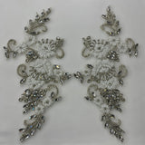 Crystal Rhinestone Applique 100 Percent Polyester Lace Fabric - Floral Beaded Corded Embroidered, 12" X 5" Each Side (1 Pair)