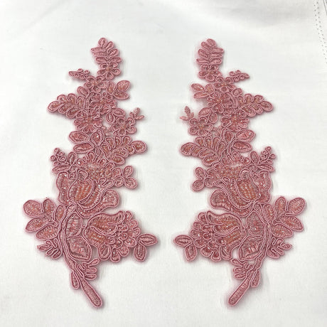 1 Pair 12" x 3.5" Beaded & Corded Floral Lace Applique 100% Polyester Net Mesh