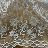 1 Yard Silver Beaded Corded Bridal Lace Fabric Embroidered Elegant Net Mesh Gown 52" Width