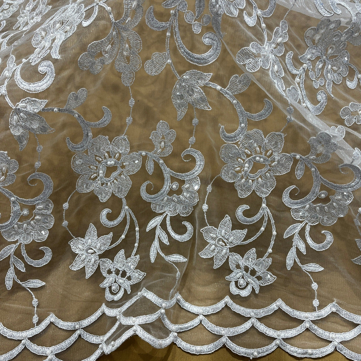 Beaded Corded Bridal Lace Silver