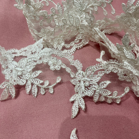 Corded Lace Trimming Embroidered On 100 Percent Polyester Net Mesh Fabric - Floral Embroidered Lace, 3" Wide (1 Yard)
