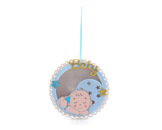5.50" x 1.25" Circular Wooden Blue Moon Light Up Baby Shower Hanging Ornament - Pack of 6