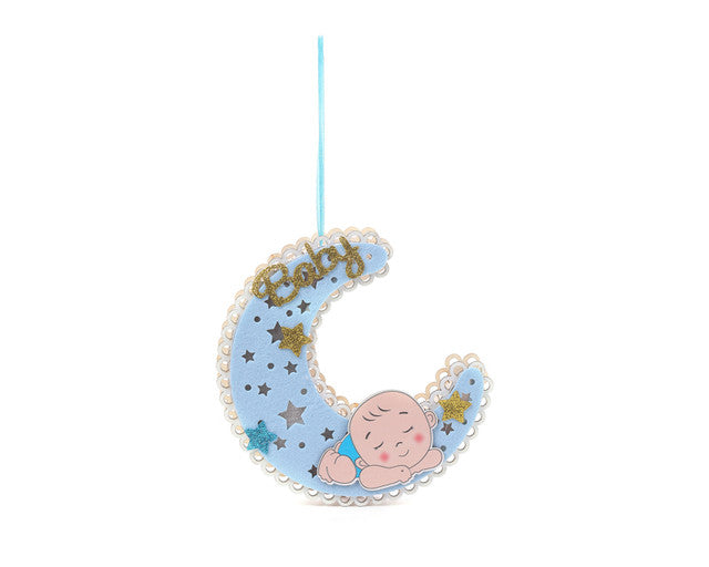 6.50" x 1.25" Wooden Blue Moon Shaped Light Up Baby Shower Hanging Ornament - Pack of 6