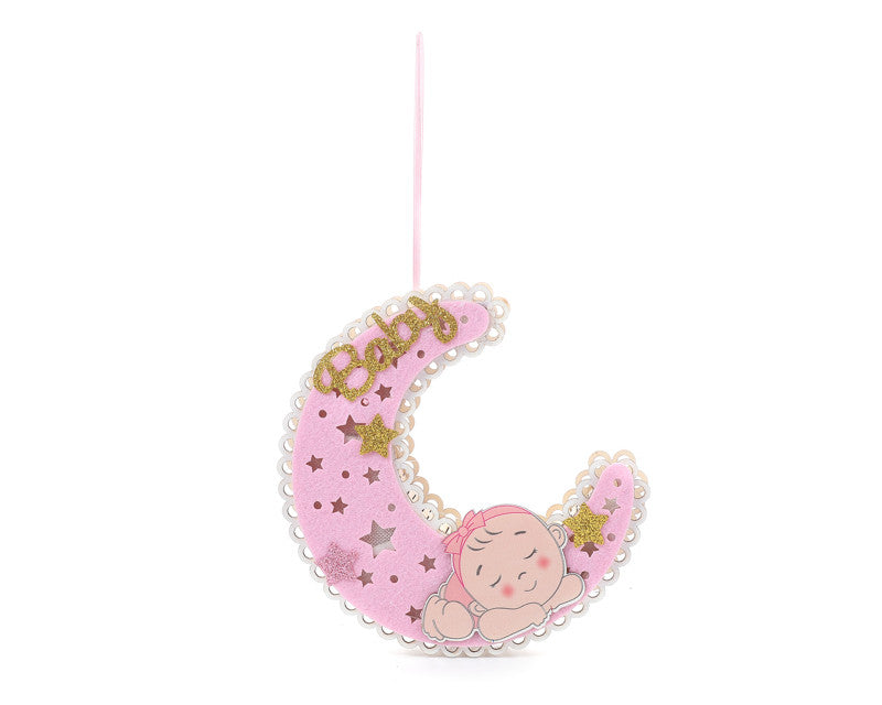 6.50" x 1.25" Wooden Pink Moon Shaped Light Up Baby Shower Hanging Ornament - Pack of 6
