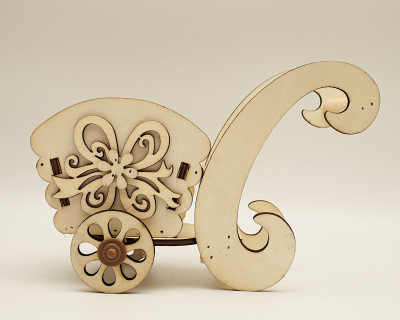 8.5" x 6.5" Birch Wood Laser-Cut Carriage with Movable Wheels - 1 Centerpiece