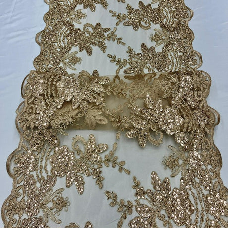 Champagne Sequin Lace Fabric With Embroideries On Mesh VT-18 - Champagne Embroidered Sequin Lace Fabric, 54" Width