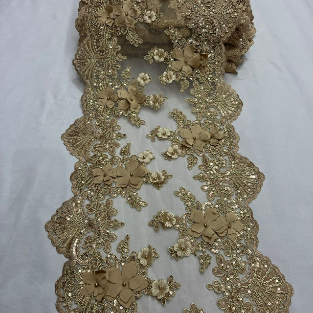 VT-33 Sequin 3D Lace Fabric With Embroideries On Mesh With Pearls - Baby Blue, 33-Cm Width