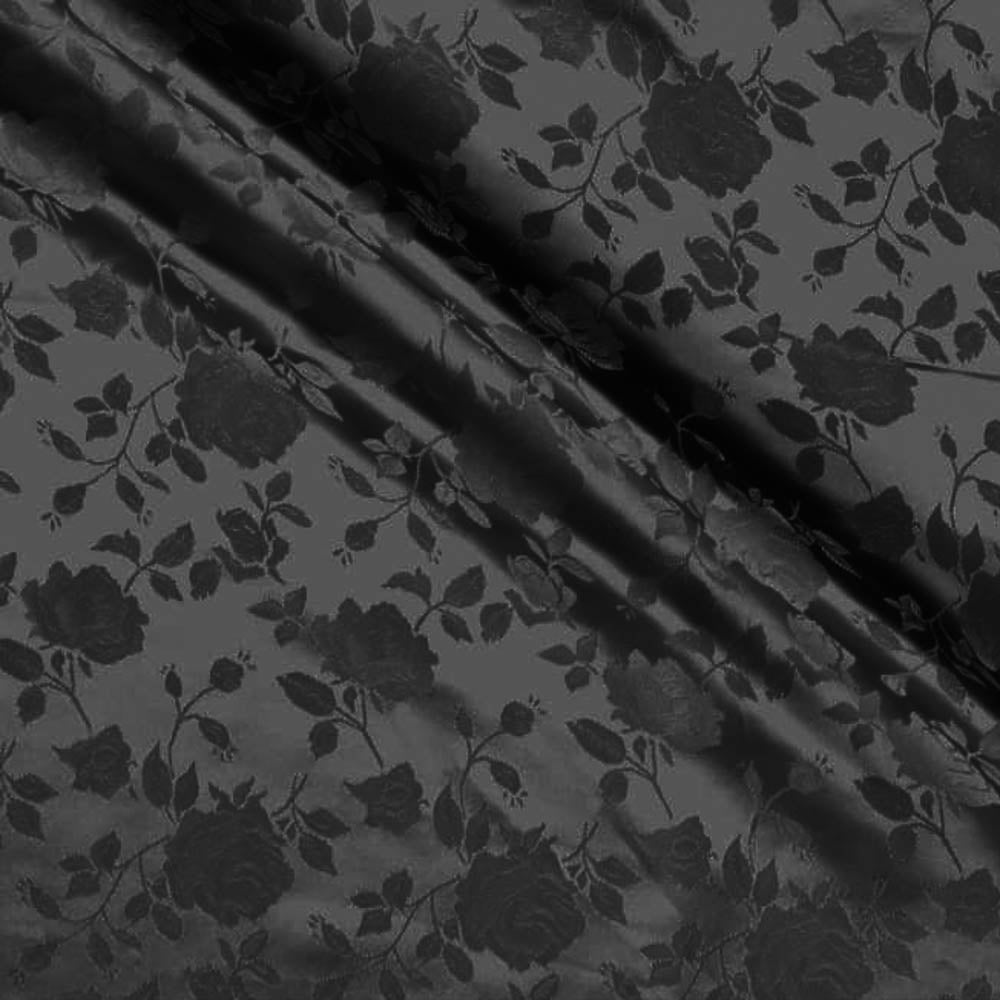 Charcoal Satin Jacquard Roses Fabric