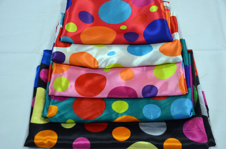 Multi Color Polka Dot Charmeuse Satin Fabric - Ivory Multi Dot, Pink Multi Dot, Red Multi Dot, Teal Multi Dot, Black Multi Dot, 58/60" Width (1 Yard)