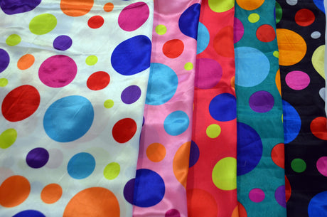 Multi Color Polka Dot Charmeuse Satin Fabric - Ivory Multi Dot, Pink Multi Dot, Red Multi Dot, Teal Multi Dot, Black Multi Dot, 58/60" Width (1 Yard)