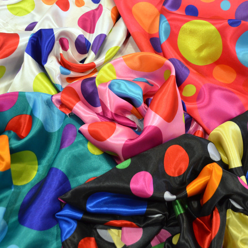 Multi Color Polka Dot Charmeuse Satin Fabric - Ivory Multi Dot, Pink Multi Dot, Red Multi Dot, Teal Multi Dot, Black Multi Dot, 58/60" Width (1 Yard)