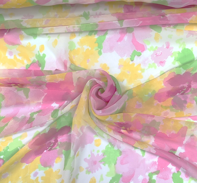Chiffon 1B801 Polyester Chiffon Fabric - White/Yellow/Pink, 56/58" Width