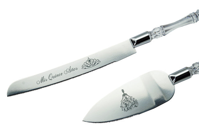 Silver Quinceañera Cake Knife and Server Set with “Mis 15 Años” Engraving