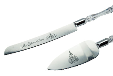 Silver Quinceañera Cake Knife and Server Set with “Mis 15 Años” Engraving