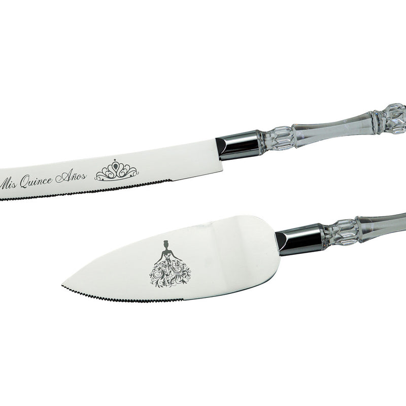 Silver Quinceañera Cake Knife and Server Set with “Mis 15 Años” Engraving