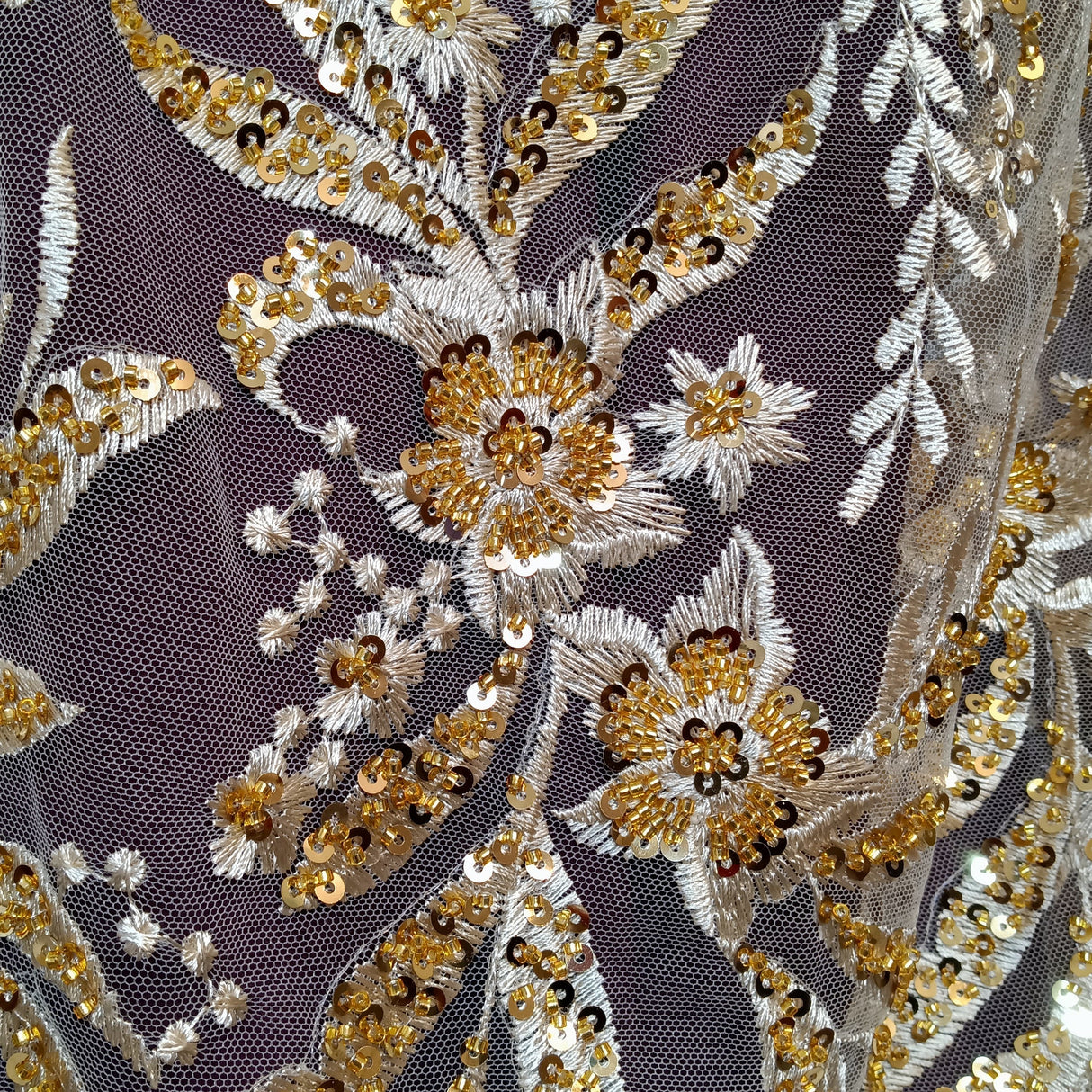 Beaded Lace Fabric on Polyester Net Mesh 50"