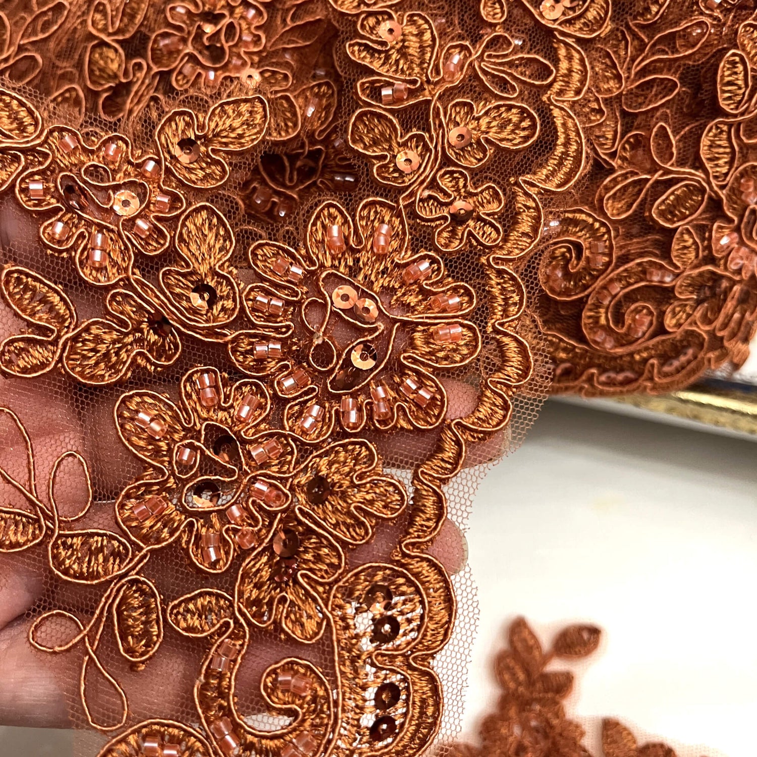 Beaded Corded Lace Trim on Polyester Net Mesh
