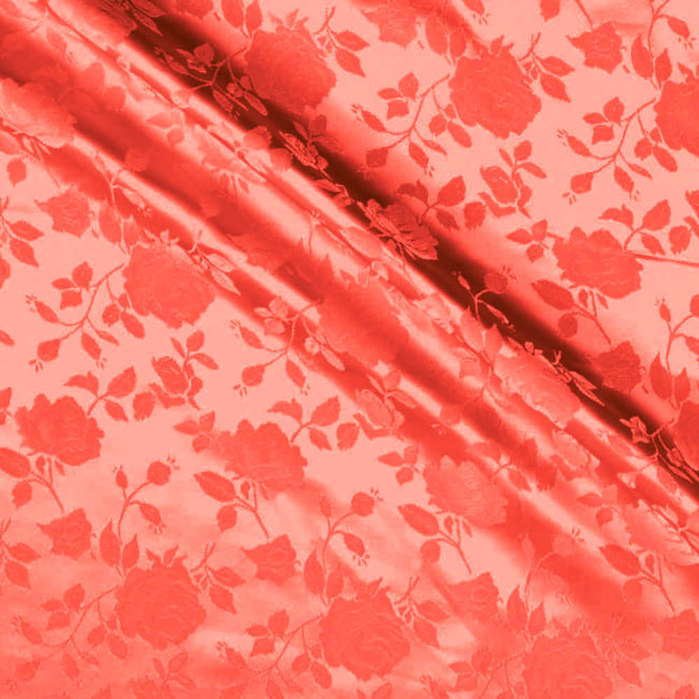 Coral Satin Jacquard Roses Fabric, Default Title